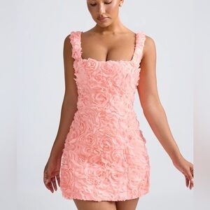 POSY Floral-Appliqué Corset Mini Dress in Coral - Size M